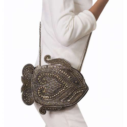 Eric Javits Luxury Handbag - Squishee Courbe - Heart Fish - Black/ gold mix Deal in US